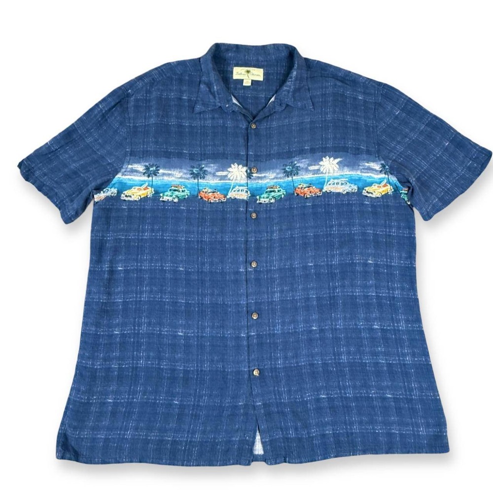 Island Shores Button Down Shirt XXL Blue Tropical Vintage Cars‎ Surfboard Rayon